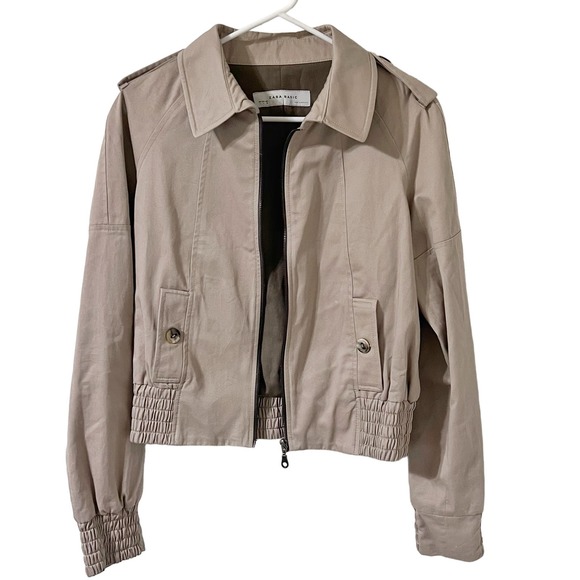 Zara Basic Cropped Bomber Jacket Womens Size Large Classic Lined Elastic Waist - Picture 2 of 11